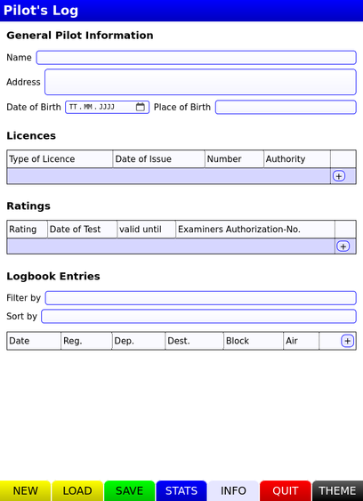screenshot of an application showing general data of an empty private pilot's flight log