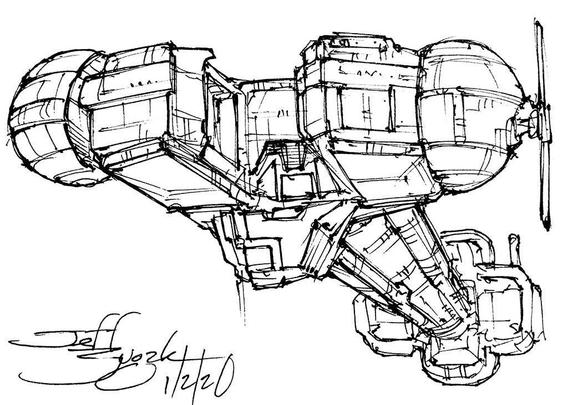 Black and white line art sketch of an imaginative sci fi spaceship. Each one is very different.