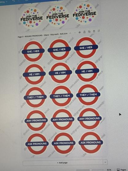 A sticker sheet with pronouns in the centre of the London Underground logo