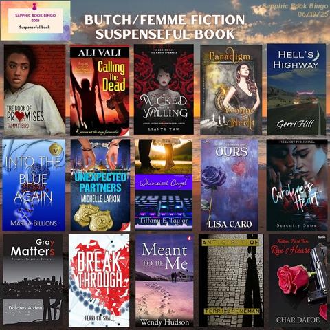 15 butch/femme fiction book covers on a sandy shoreline background for the 06/19/25 Sapphic Book Bingo challenge. Theme: Suspenseful book.