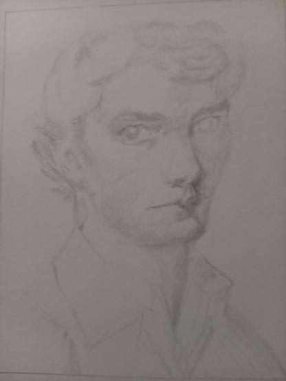 A pencil sketch of a young man looking at the viewer, with short curly hair