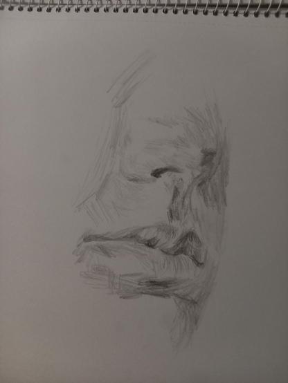 A closeup of a sketch in pencil of a man's nose and mouth, drawn with marks like an etching, not smooth