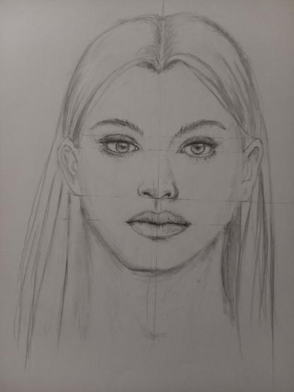Pencil sketch of a young woman looking straight ahead, long hair parted in the middle..