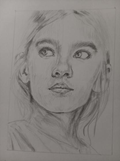 Pencil sketch of a young woman, looking off to the side, her hair in whisps around her face..