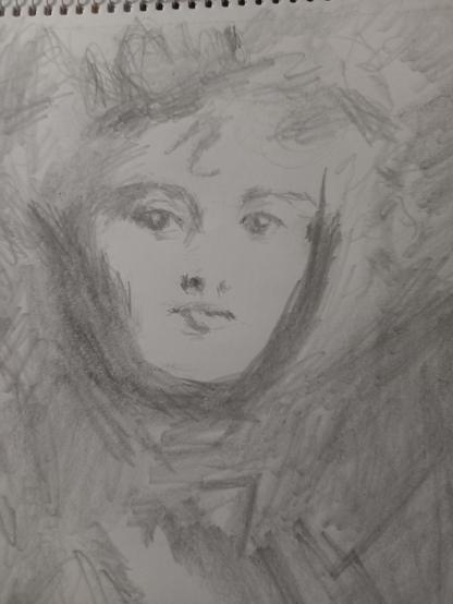 Loose pencil sketch of a young woman's face, surrounded by swirls if gray and black- from a Sargent painting.