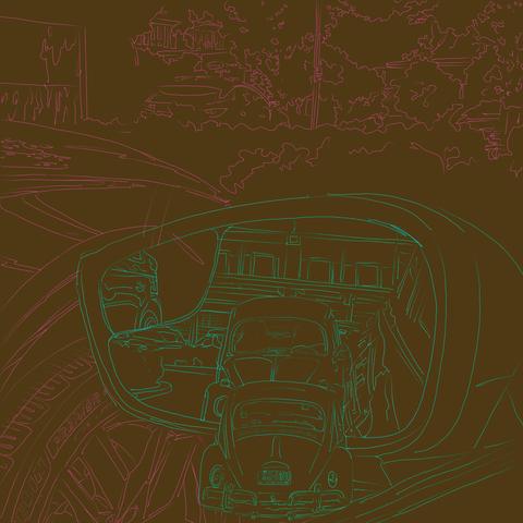Brown background with a blue outline of a side mirror with a vintage VW admiring itself in reflection. Pink line drawing of the neighbouring car, trees, building and lamp post.