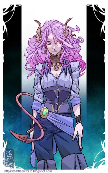 A drawing of a young woman with two pairs of horns, a devil's tail and a volumous thicket of lilac hair framing her face. She's standing in a forward-facing pose, her attention off to one side. She has violet eyes, pointed ears and is wearing a pleated pale blue shirt, corset and dark blue trousers. She's wearing jewellery, including earrings, a jewelled choker, and mismatched bracelets. The background is black with a pillar of white drawing attention to the figure at the centre of the image, a teal haze rising from the bottom.