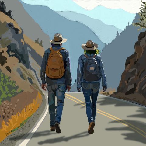 A man and a woman dressed in similar outfits of denim, floppy hats, boots, and backpacks walk along a narrow mountain road. Green hair peaking out from the hat and the blueness of the woman's palms suggest at her non-human heritage.