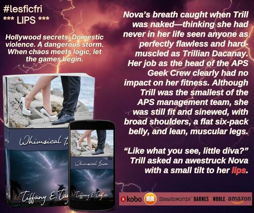 The book cover of Whimsical Diva on a background of a stormy sky filled with lightning, a snippet from the book, the book’s tagline, and the digital purchase location icons for #LesFicFri on 06/21/25: Theme is “LIPS.”
