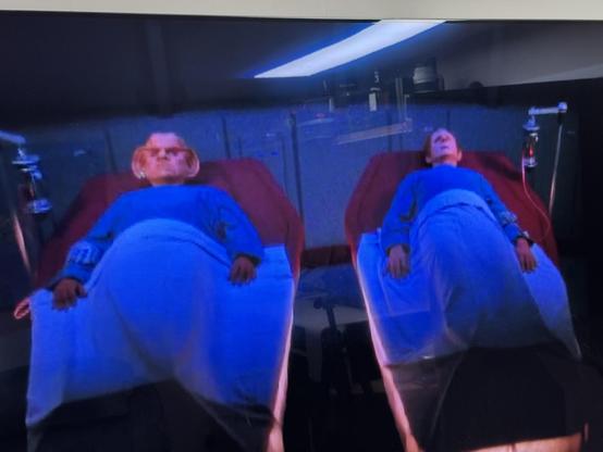 The image shows two humanoid figures lying on hospital beds covered with blue blankets. They appear to be in a clinical environment, with medical equipment visible nearby. The figures have distinct facial features and are in a relaxed position.

Quark and Odo.