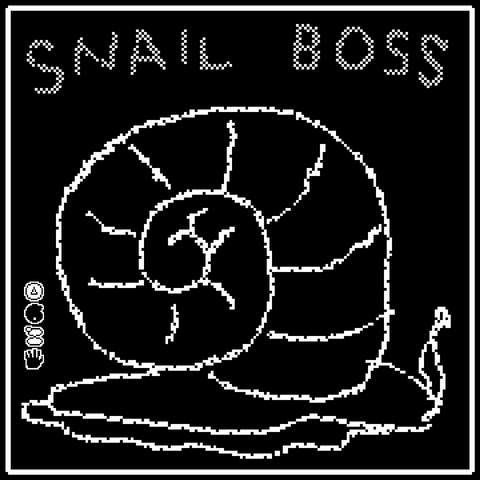 a low res black and white pixelly drawing of a snail that fills the square with the words ‘SNAIL BOSS’ written above. in the lower left corner are a stack of four small hallmark icons.