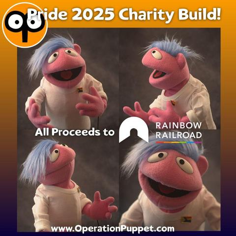Four impages of a nonbinary human hand puppet with pink fleece, blue hair and a white shirt
