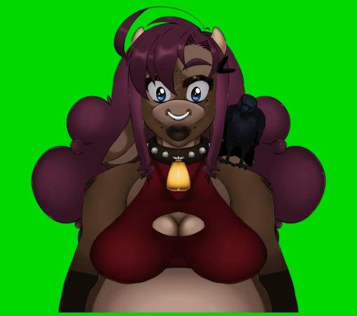 a PNGtuber rendition of moo's fursona, a brown cow with a cow bell around its neck and long fluffy purple hair. there is a crow sitting on its shoulder. all on a neon green background.