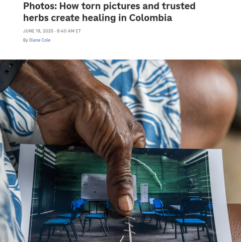 Screenshot of the article title and the had of a woman mending a photo.