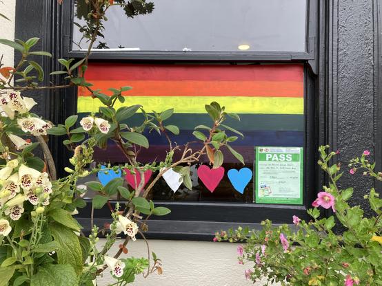 A window in San Benito House's deli (per the health inspection notice) with red, orange, yellow, dark green, dark blue and purple stripes painted along the top, with hearts in blue, pink and white below the stripes. In front of the window are flowering plants, with foxglove the most prominent.