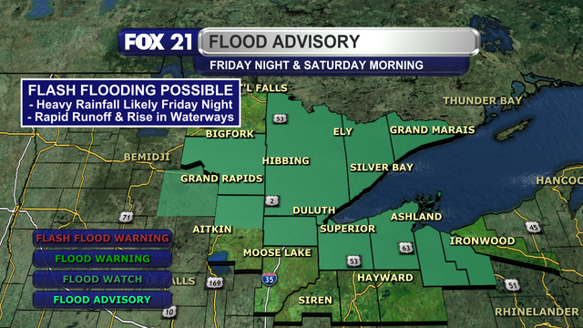 A Flood Watch has been issued for northern Aitkin, Ashland, Bayfield, Carlton, Cook, Douglas, Iron, Itasca, Lake, and St. Louis counties from 10 p.m. Friday, June 20, 2025, through the morning of Saturday, June 21.  Flash flooding may occur in parts of these areas due to heavy rainfall in the forecast.