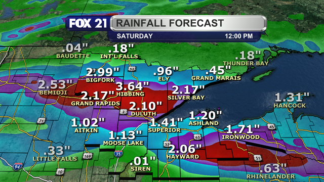 A model run for potential rainfall from a line of likely severe weather pushing through the Northland Friday night and early Saturday morning shows some spots receiving over 2-inches of rainfall within a 12 hour period.  If this occurs, some areas will see flash flooding.