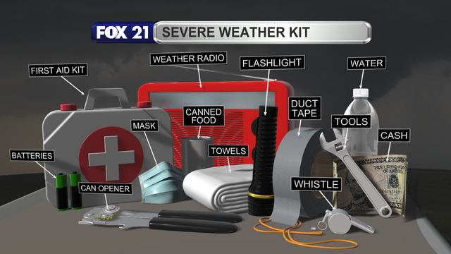 A graphic showing items that make up a severe weather kit, which should be in your safe place when riding out a severe weather event.  Items include a weather radio, batteries, flashlight, first aid kit, water, duct tape, tools, towels, can opener, mask, and cash.