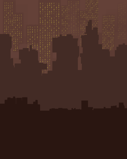 A portrait digital drawing of a city scape. Featuring three levels of buildings in lightening shades of a deep colours, suggesting dusk.