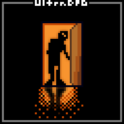 Pixel art of a silhouette standing creepily in a door way. Orange light bathes the figure from behind.