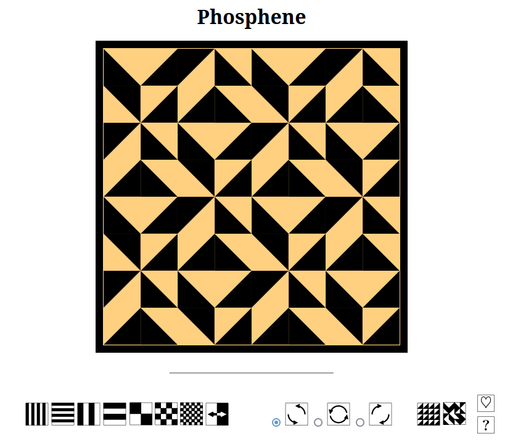 Screenshot of the interactive truchet tile program "Phosphene" showing a symmetric gold-and-black pattern of polygons made from an 8x8 array of right isosceles triangles.
