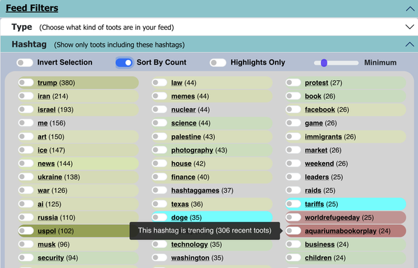 screenshot of fedialgo hashtag filters