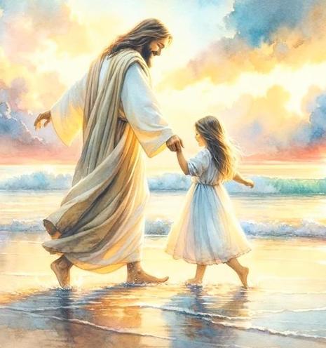 Beautiful pastel colorful painting of Jesus and a little girl dancing in the ocean's frothy waves on the shore line