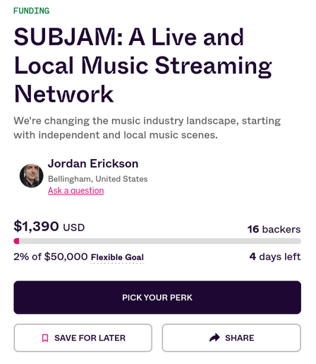 A screenshot of funding details available from the URL https://www.indiegogo.com/projects/subjam-a-live-and-local-music-streaming-network/