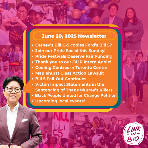 Ee Te aa my ANY - TN al
Wey py Wall
i “iv, A 2 ‘® 4 " I=
0, 5 i T : EF
N June 20, 2025 Newsletter = /
EC » Carney'’s Bill C-5 copies Ford's Bill 5? )
a rv = + Join our Pride Social this Sunday! ig L
: 5 | * Pride Festivals Deserve Fair Funding J ui is :
; i 4 * Thank you to our OLIP Intern Annie! fa IA .
~~ || + Cooling Centres in Toronto Centre Ee V-
Gs * Maplehurst Class Action Lawsuit
calle « Bill 5 Fall-Out Continues Ng
| ; + Victim Impact Statements in the ok
3 SiS, J Sentencing of Thane Murray's Killers
Zh » Black People United for Change Petition nS
] a =) + Upcoming local events! ® [=] 5
© h 7
| ri RII | ~uaatfi ex |
\ : = \ \ STE a
a 4 \ Bed dp lf —
\s a YL ivk 4
LaaN Ma ry)
PS peas OW OR
a Le aE 2 TP) Ue TEE