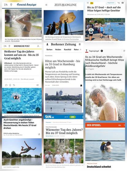 Eine Collage aus mehreren Meldungen, die alle die zu erwartende Rekordhitze zum Thema haben und mit Bildern von fröhlich planschenden Menschen oder sich anderweitig im oder am Wasser vergnügenden Menschen bebildert sind.