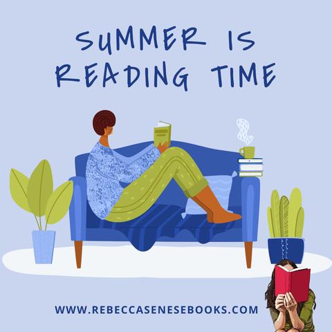 Illustration of woman reclining on a sofa while reading a book. Caption: Summer is reading time. www.RebeccaSeneseBooks.com