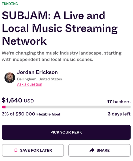 A screenshot of our Indiegogo campaign at https://www.indiegogo.com/projects/subjam-a-live-and-local-music-streaming-network/