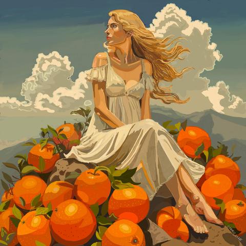 A flaxen haired woman wearing a diaphanous white dress sits on a mound of giant oranges. Behind her are large clouds. There's a warm cast to the light, hinting at it being late afternoon.
