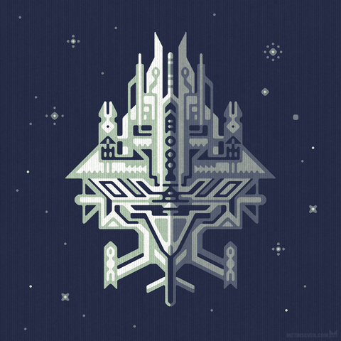Alien spaceship in space with lots of greebles, in a clear graphic design style.