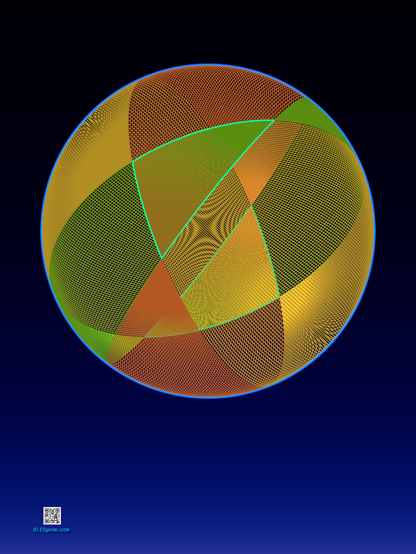 A sphere with three great circles delimiting a spherical triangle edged in blue, with regions shaded by a mesh of brick red, gold, and green lines, allowing the back of the sphere to show through.