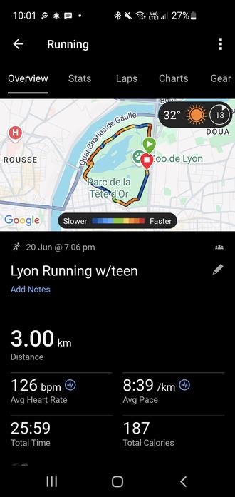 screenshot of garmin screen showing run map and some numbers - average hr 126, average pace 8:39, time 25:59 and 187 calories burnt
