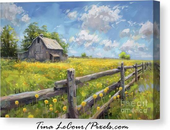 This is a canvas of a pretty landscape of a gray barn in a field of dandelion flowers with a wooden fence, blue sky and clouds.