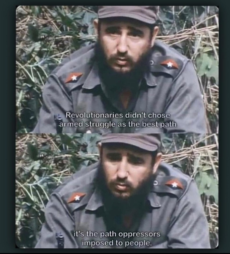 Image is cut in two horizontally. Up image shows young Fidel Castro in the bushes looking straight to camera caption= Revolutionaries didn't chose armed struggle as the best path. Down image same Fidel but looking downward caption= it's the path oppressors imposed to people