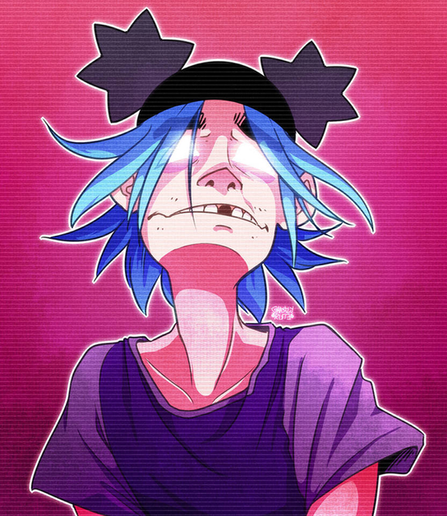Digital illustration of Stuart "2-D" Pot from the band Gorillaz, wearing his Cracker Island outit. He appears very distressed as he looks down at the viewer, his eyes brightly glowing. The illustration has a TV screen effect.