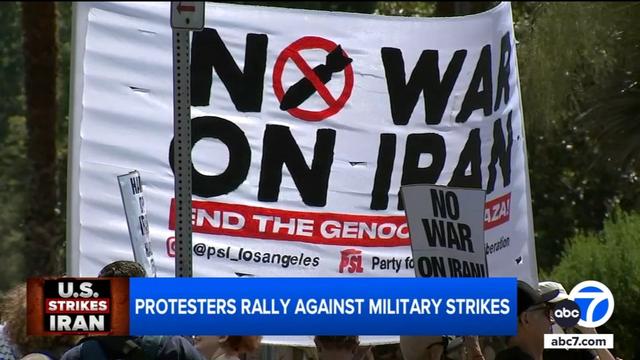 'No war' protest outside Federal Building in Westwood after US strikes Iran