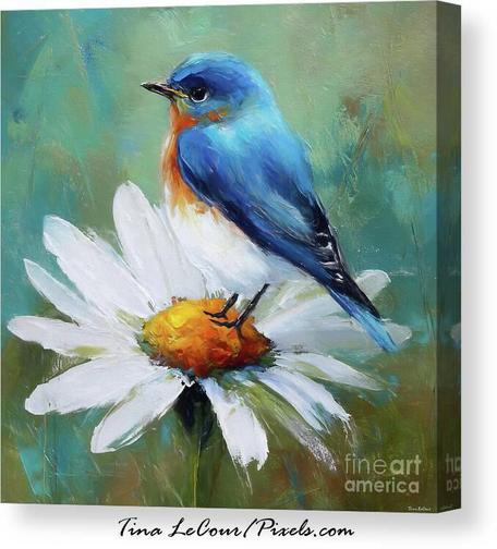 This is a painted canvas of a little summer bluebird perched on a white daisy flower.
