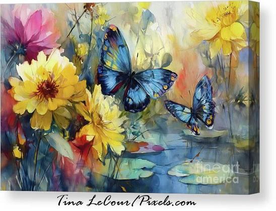 This is a canvas watercolor of a big wildflowers near a pond with two big blue butterflies.