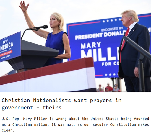 Christian Nationalists want prayers in government – theirs 
June 16, 2025, Rob Boston

U.S. Rep. Mary Miller is wrong about the United States being founded as a Christian nation. It was not, as our secular Constitution makes clear.