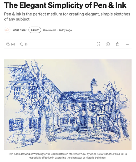 Screenshot of a story by Anne Kullaf with title “The Elegant Simplicity of Pen & Ink” and a blue ink drawing of a Georgian-style mansion with large trees in the foreground