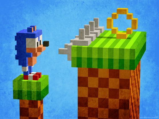 Voxel-style artwork, showing a very stylized Sonic the Hedgehog staring at spikes that prevent him from grabbing a gold ring.