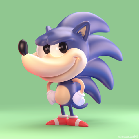 Cartoon-style 3D artwork, showing Sonic the Hedgehog with a characteristic cheeky pose and expression.