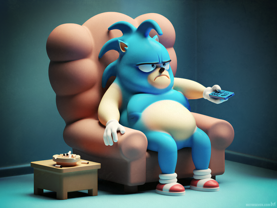 Cartoon-style 3D artwork, showing a grumpy, corpulent Sonic the Hedgehog sitting in an armchair, while controlling a TV remote. Next to him is a small table with a filled ashtray.