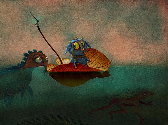 On a tiny orange leaf, sits a small monster as he floats across large, dark lake. A strange swimming creature approaches from behind, causing him to become slightly alarmed. Below the waterline, multiple fish and monsters move at different speeds through the murky depths.