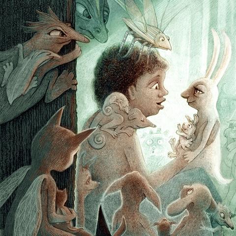 Graphite pencil drawing with washes of green and brown watercolor. A young girl sits with her back against a tree, animatedly telling a story to the white rabbit and its child on her lap. She is surrounded by a myriad of creatures, rapt with attention as she spins her tale.