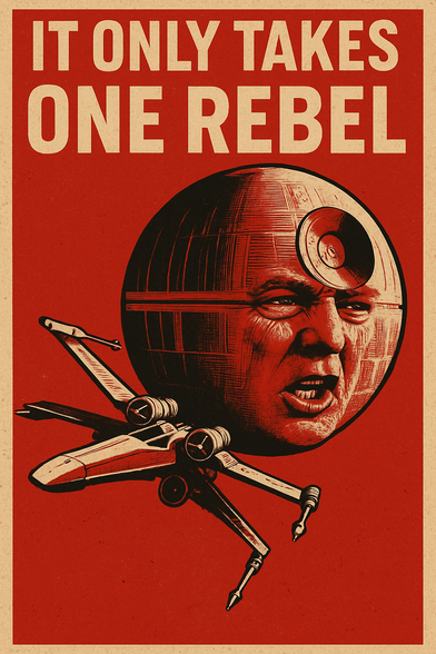 Donald trump as the death star with an x wing flying near by. It say "It only takes one rebel" at the top of the photo.